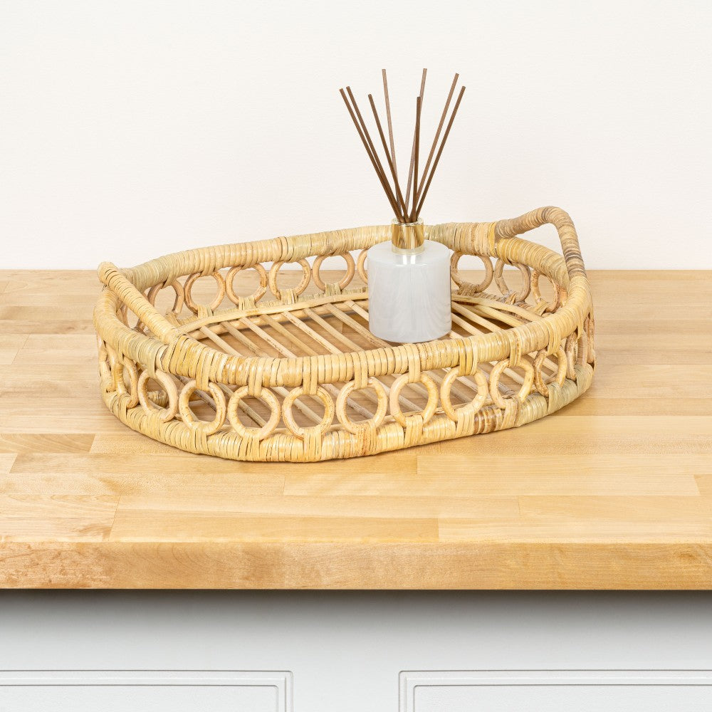 Olive 17.5 in. W x 13.5 in. D Handcrafted Rattan Oval Geometric Loop Ring Decorative Serving Tray with Handles and Slat Base