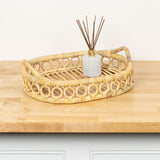 Olive 17.5 in. W x 13.5 in. D Handcrafted Rattan Oval Geometric Loop Ring Decorative Serving Tray with Handles and Slat Base