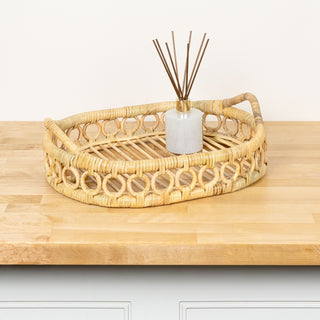 Olive 17.5 in. W x 13.5 in. D Handcrafted Rattan Oval Geometric Loop Ring Decorative Serving Tray with Handles and Slat Base