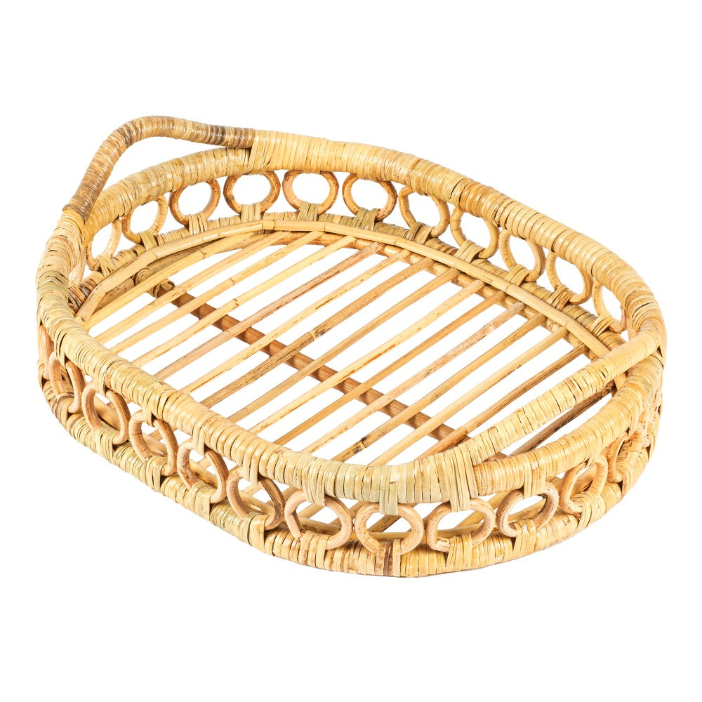 Olive 17.5 in. W x 13.5 in. D Handcrafted Rattan Oval Geometric Loop Ring Decorative Serving Tray with Handles and Slat Base