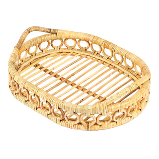 Olive 17.5 in. W x 13.5 in. D Handcrafted Rattan Oval Geometric Loop Ring Decorative Serving Tray with Handles and Slat Base