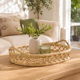 Olive 17.5 in. W x 13.5 in. D Handcrafted Rattan Oval Geometric Loop Ring Decorative Serving Tray with Handles and Slat Base