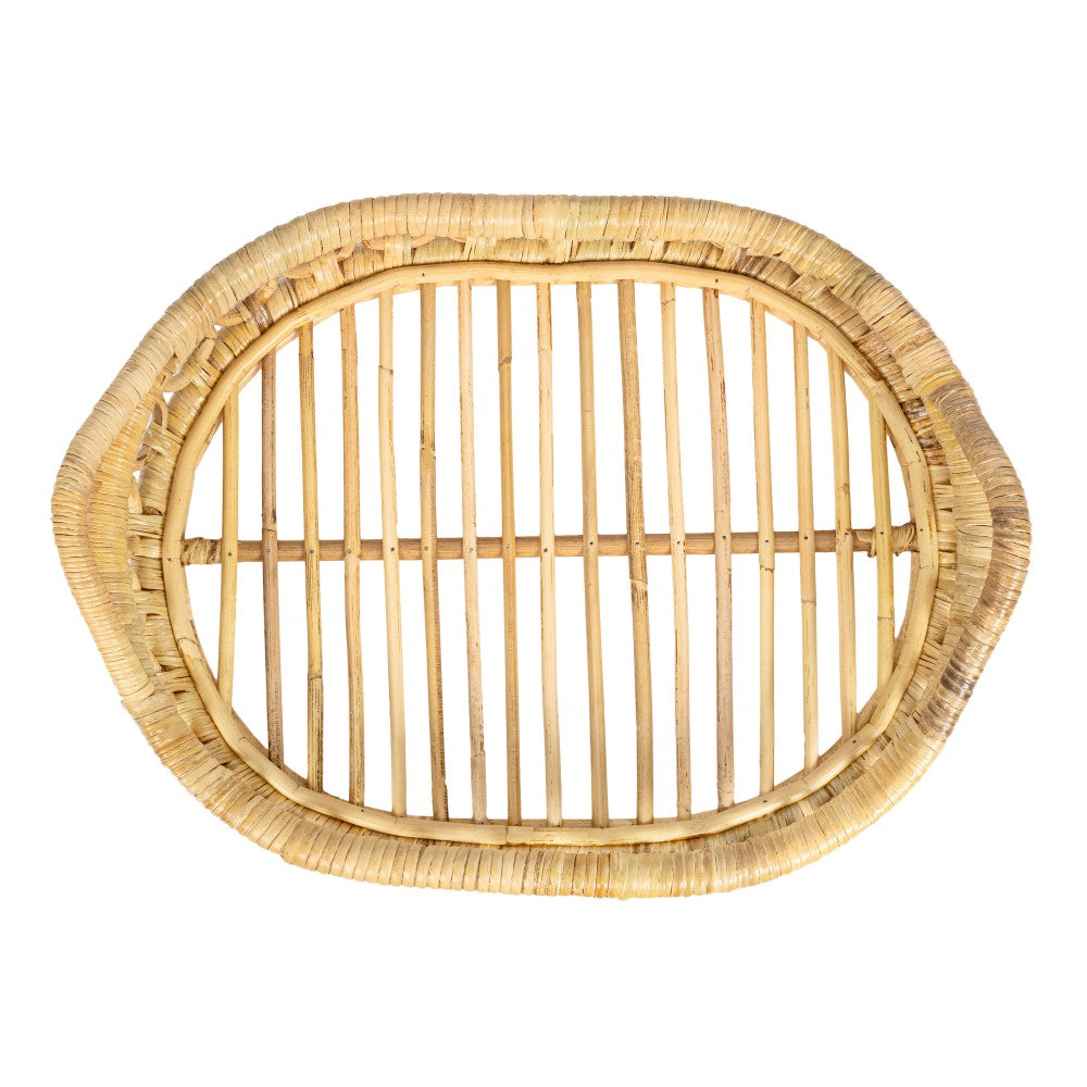 Olive 17.5 in. W x 13.5 in. D Handcrafted Rattan Oval Geometric Loop Ring Decorative Serving Tray with Handles and Slat Base