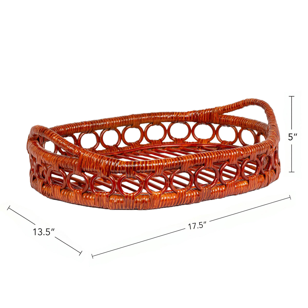 Olive 17.5 in. W x 13.5 in. D Handcrafted Rattan Oval Geometric Loop Ring Decorative Serving Tray with Handles and Slat Base
