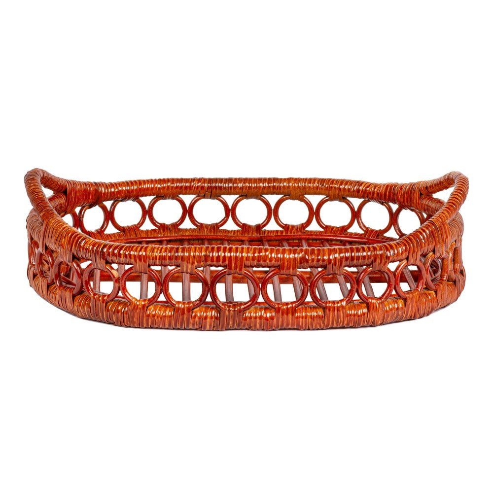 Olive 17.5 in. W x 13.5 in. D Handcrafted Rattan Oval Geometric Loop Ring Decorative Serving Tray with Handles and Slat Base