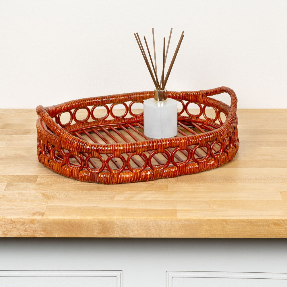Olive 17.5 in. W x 13.5 in. D Handcrafted Rattan Oval Geometric Loop Ring Decorative Serving Tray with Handles and Slat Base