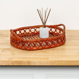 Olive 17.5 in. W x 13.5 in. D Handcrafted Rattan Oval Geometric Loop Ring Decorative Serving Tray with Handles and Slat Base