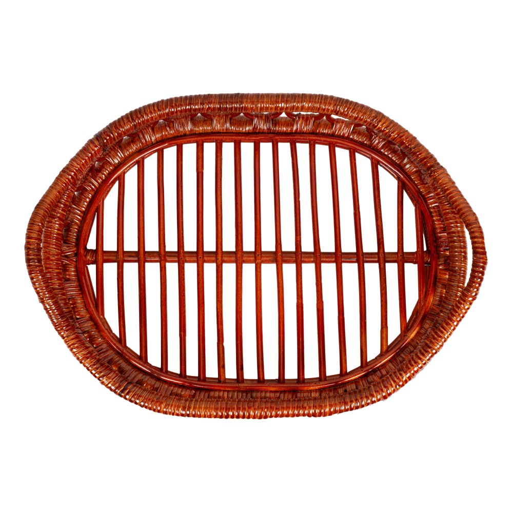Olive 17.5 in. W x 13.5 in. D Handcrafted Rattan Oval Geometric Loop Ring Decorative Serving Tray with Handles and Slat Base
