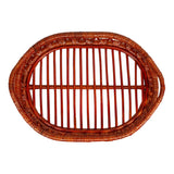 Olive 17.5 in. W x 13.5 in. D Handcrafted Rattan Oval Geometric Loop Ring Decorative Serving Tray with Handles and Slat Base