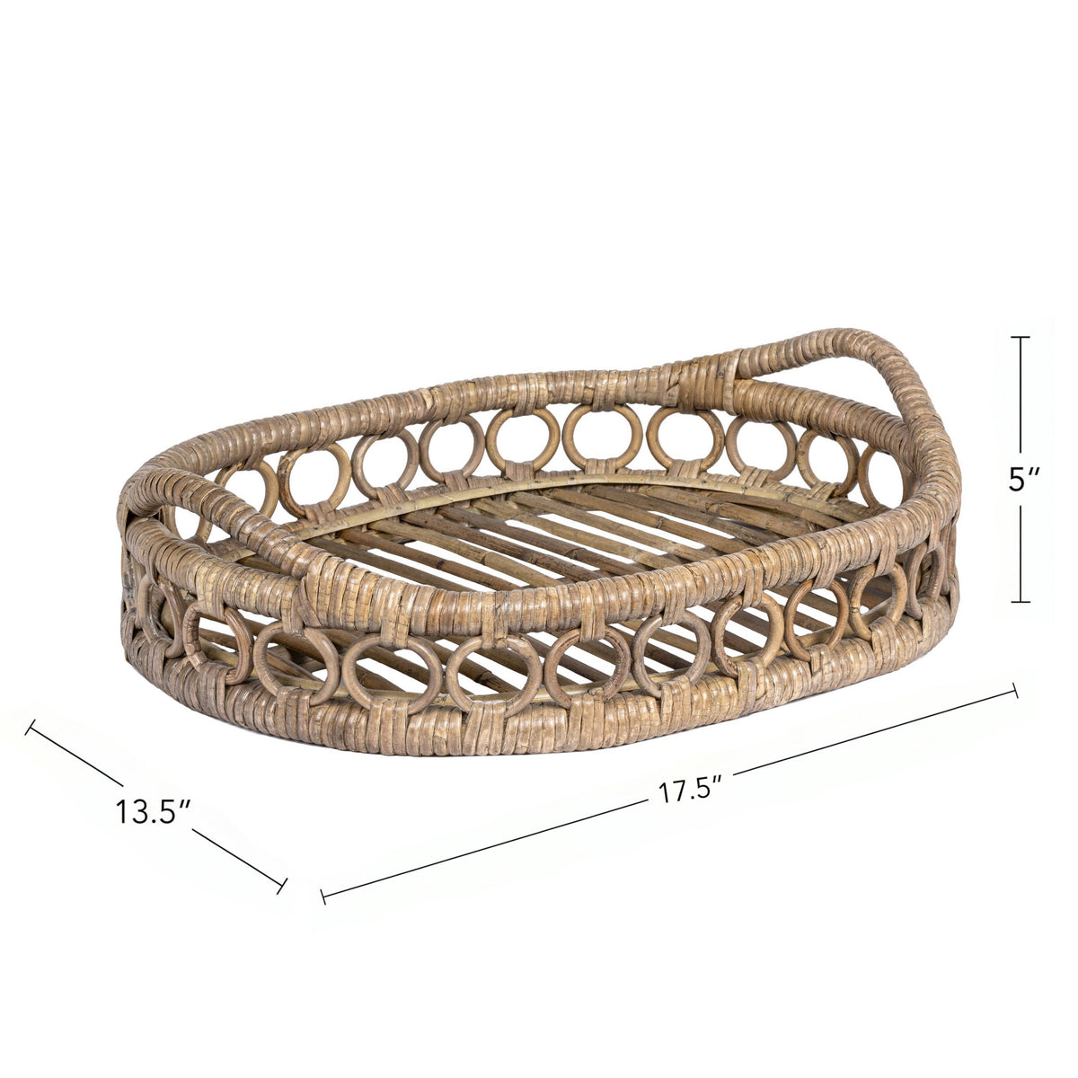 Olive 17.5 in. W x 13.5 in. D Handcrafted Rattan Oval Geometric Loop Ring Decorative Serving Tray with Handles and Slat Base