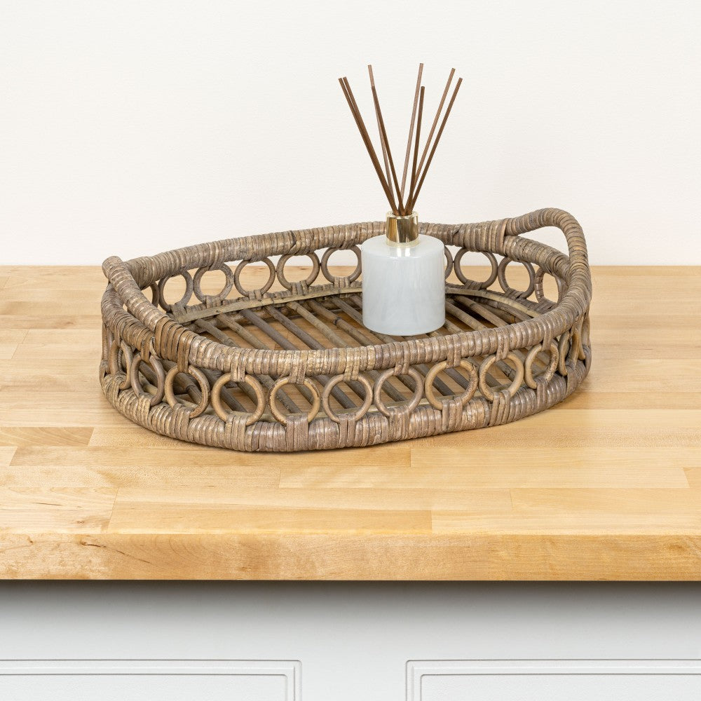Olive 17.5 in. W x 13.5 in. D Handcrafted Rattan Oval Geometric Loop Ring Decorative Serving Tray with Handles and Slat Base