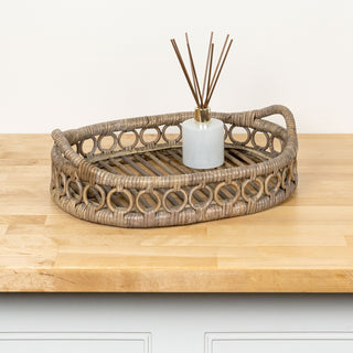Olive 17.5 in. W x 13.5 in. D Handcrafted Rattan Oval Geometric Loop Ring Decorative Serving Tray with Handles and Slat Base