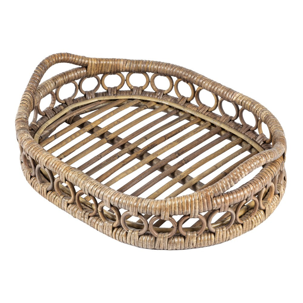 Olive 17.5 in. W x 13.5 in. D Handcrafted Rattan Oval Geometric Loop Ring Decorative Serving Tray with Handles and Slat Base