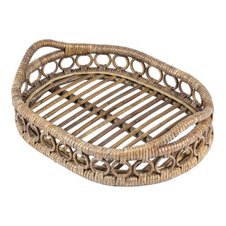 Olive 17.5 in. W x 13.5 in. D Handcrafted Rattan Oval Geometric Loop Ring Decorative Serving Tray with Handles and Slat Base