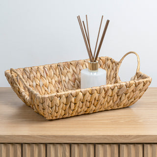 Aqua Bohemian Cottage Handwoven Hyacinth Rectangular Decorative Basket Trays with Handles