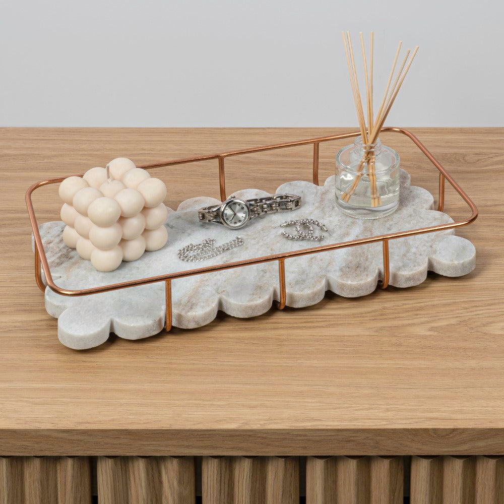 Barku 12" x 6" Modern Industrial Metal/Marble Scalloped Base Vanity Tray