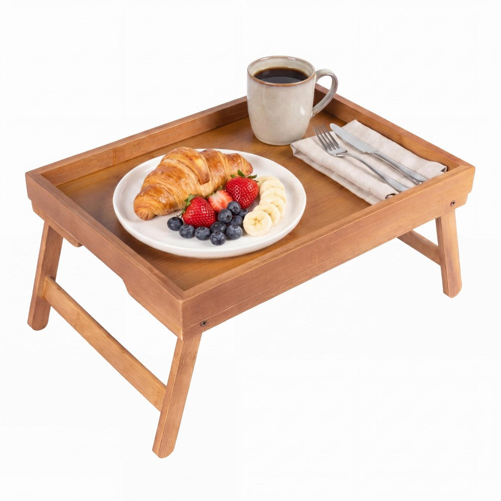 Soluna 16 in. W x 11.7 in. D Handcrafted Bamboo Breakfast Bed Tray with Built-In Handles and Foldable Legs