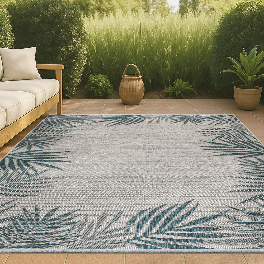 Palm Coastal Cottage Palm Frond Border Indoor/Outdoor Area Rug