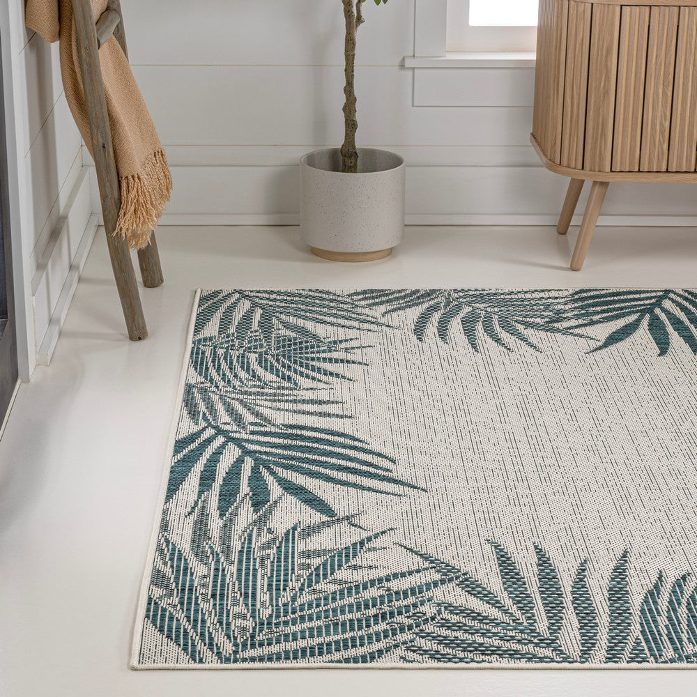 Palm Coastal Cottage Palm Frond Border Indoor/Outdoor Area Rug