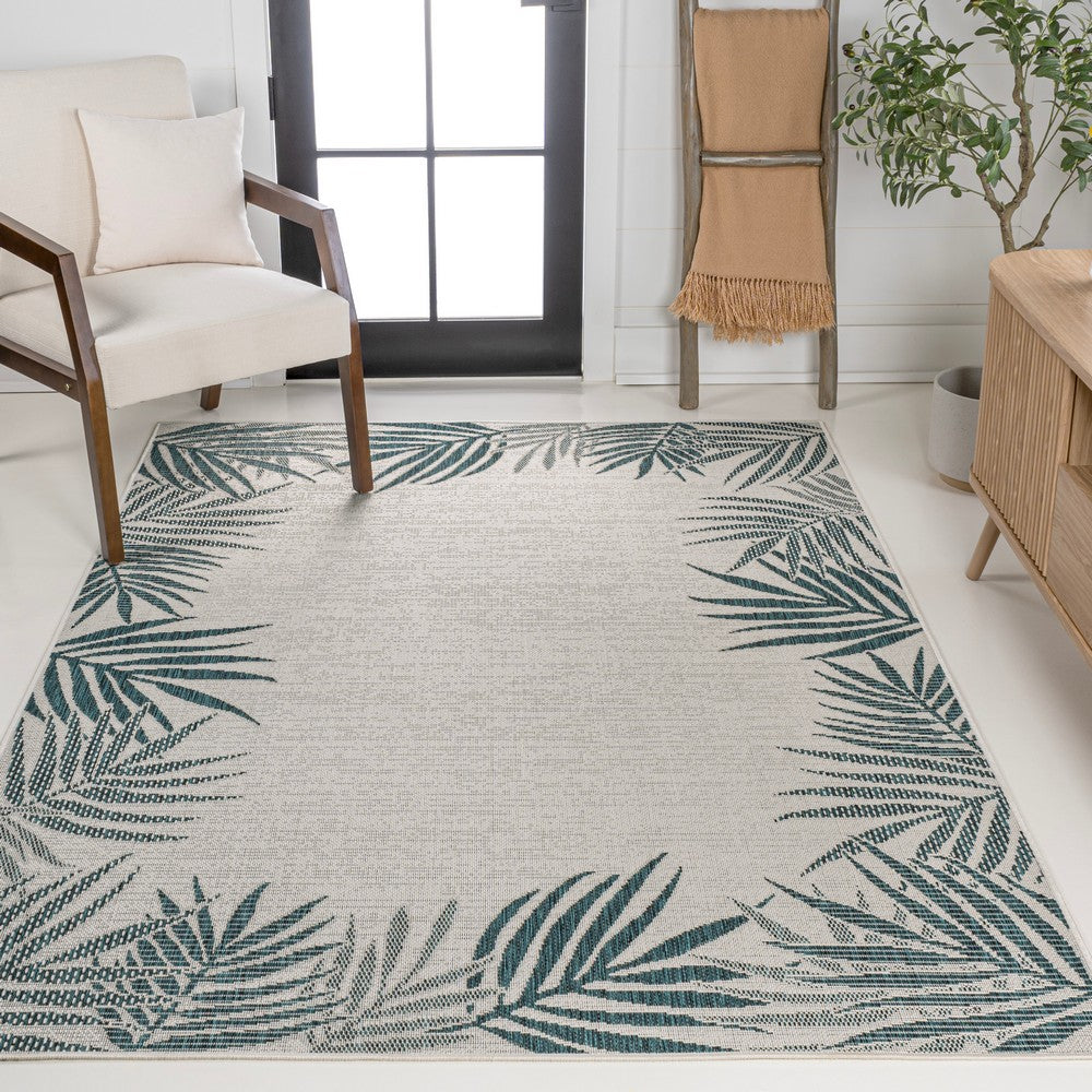 Palm Coastal Cottage Palm Frond Border Indoor/Outdoor Area Rug