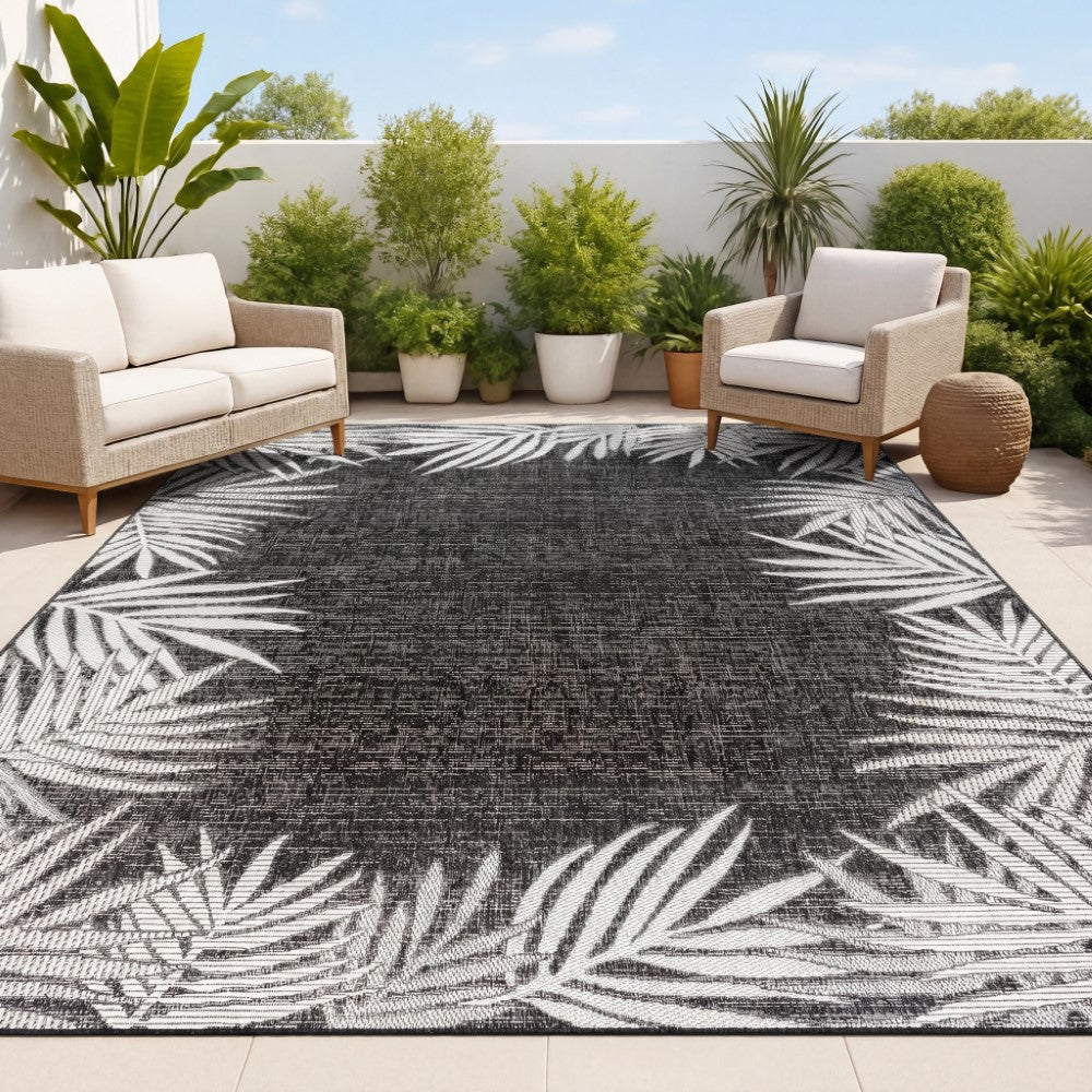 Palm Coastal Cottage Palm Frond Border Indoor/Outdoor Area Rug