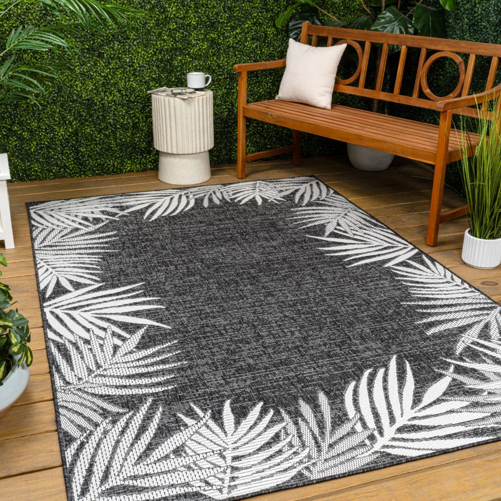 Palm Coastal Cottage Palm Frond Border Indoor/Outdoor Area Rug