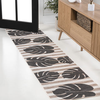 Mica Classic Beach Stripe And Monstera Leaf Indoor/Outdoor Area Rug