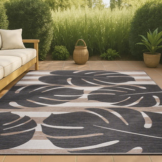 Mica Classic Beach Stripe And Monstera Leaf Indoor/Outdoor Area Rug