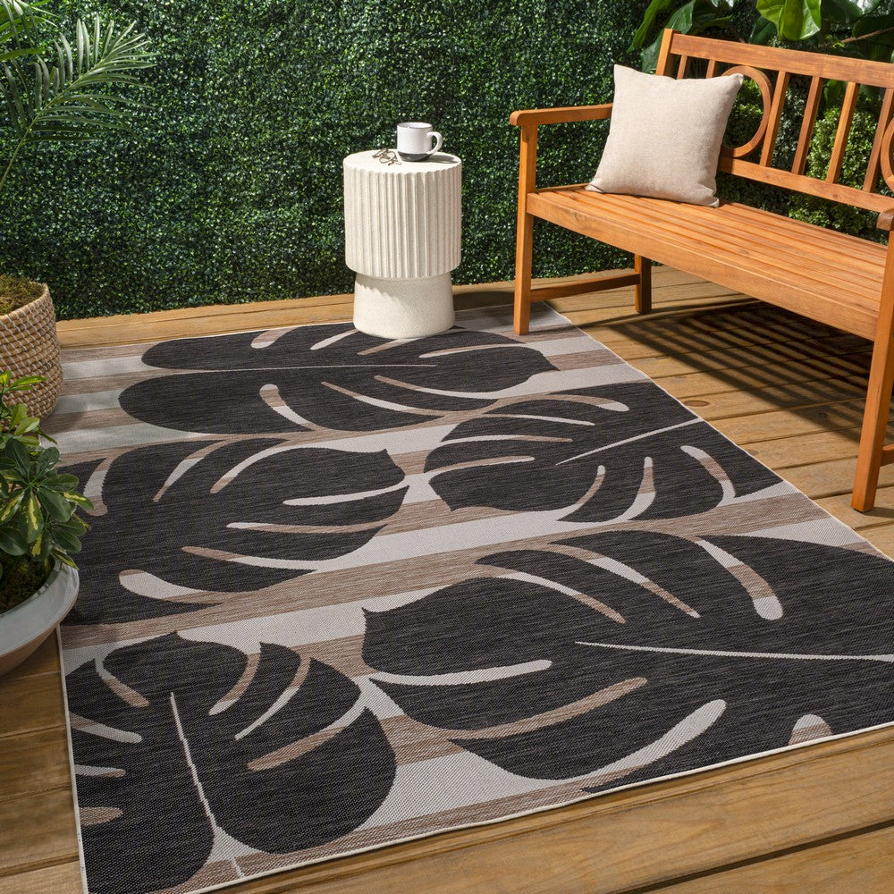 Mica Classic Beach Stripe And Monstera Leaf Indoor/Outdoor Area Rug