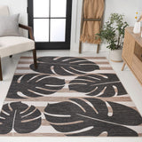 Mica Classic Beach Stripe And Monstera Leaf Indoor/Outdoor Area Rug