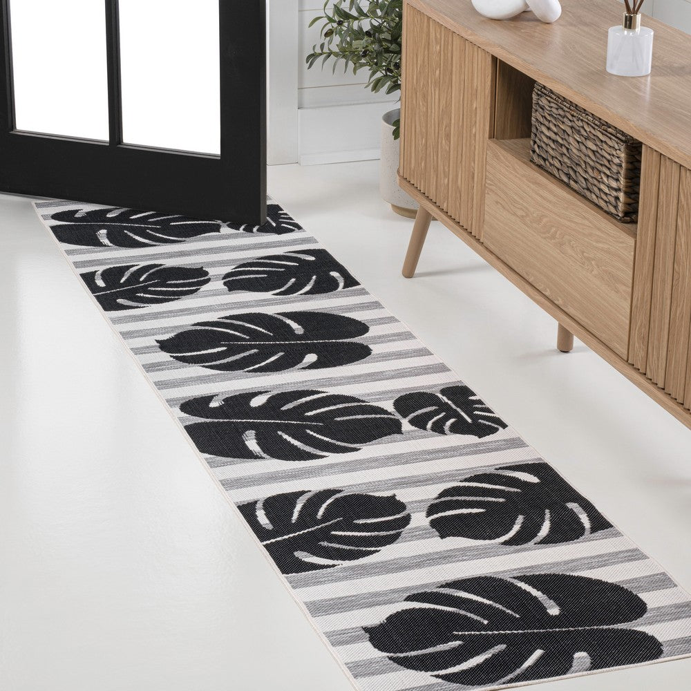 Mica Classic Beach Stripe And Monstera Leaf Indoor/Outdoor Area Rug