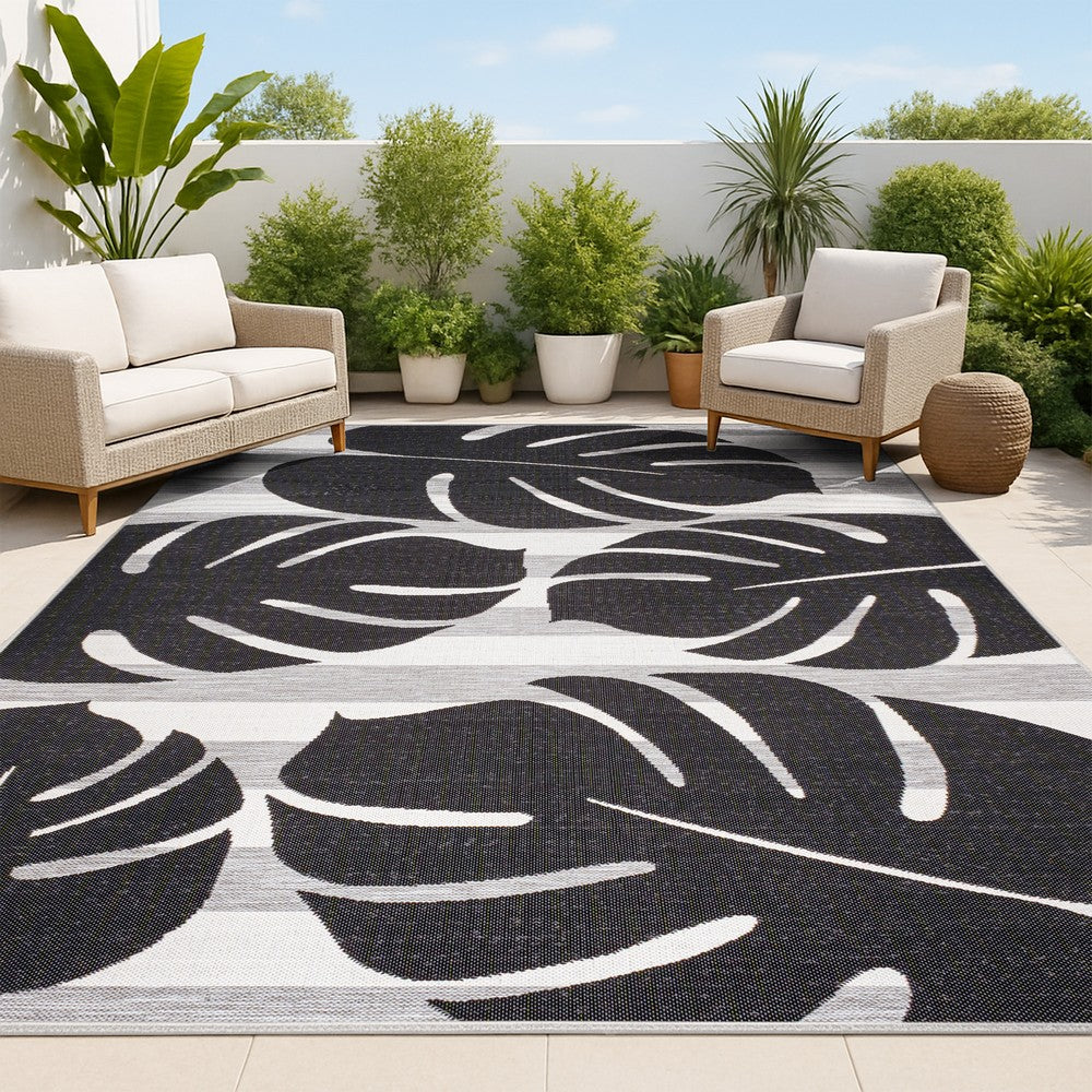 Mica Classic Beach Stripe And Monstera Leaf Indoor/Outdoor Area Rug