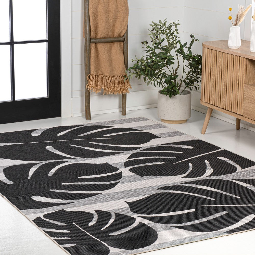 Mica Classic Beach Stripe And Monstera Leaf Indoor/Outdoor Area Rug