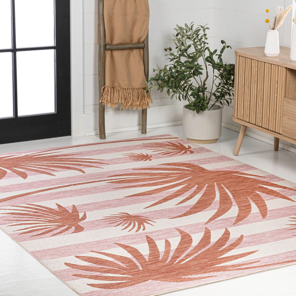 River Classic Beach Stripe And Palm Leaf Indoor/Outdoor Area Rug