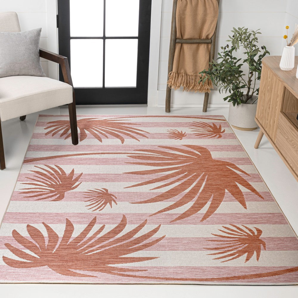 River Classic Beach Stripe And Palm Leaf Indoor/Outdoor Area Rug