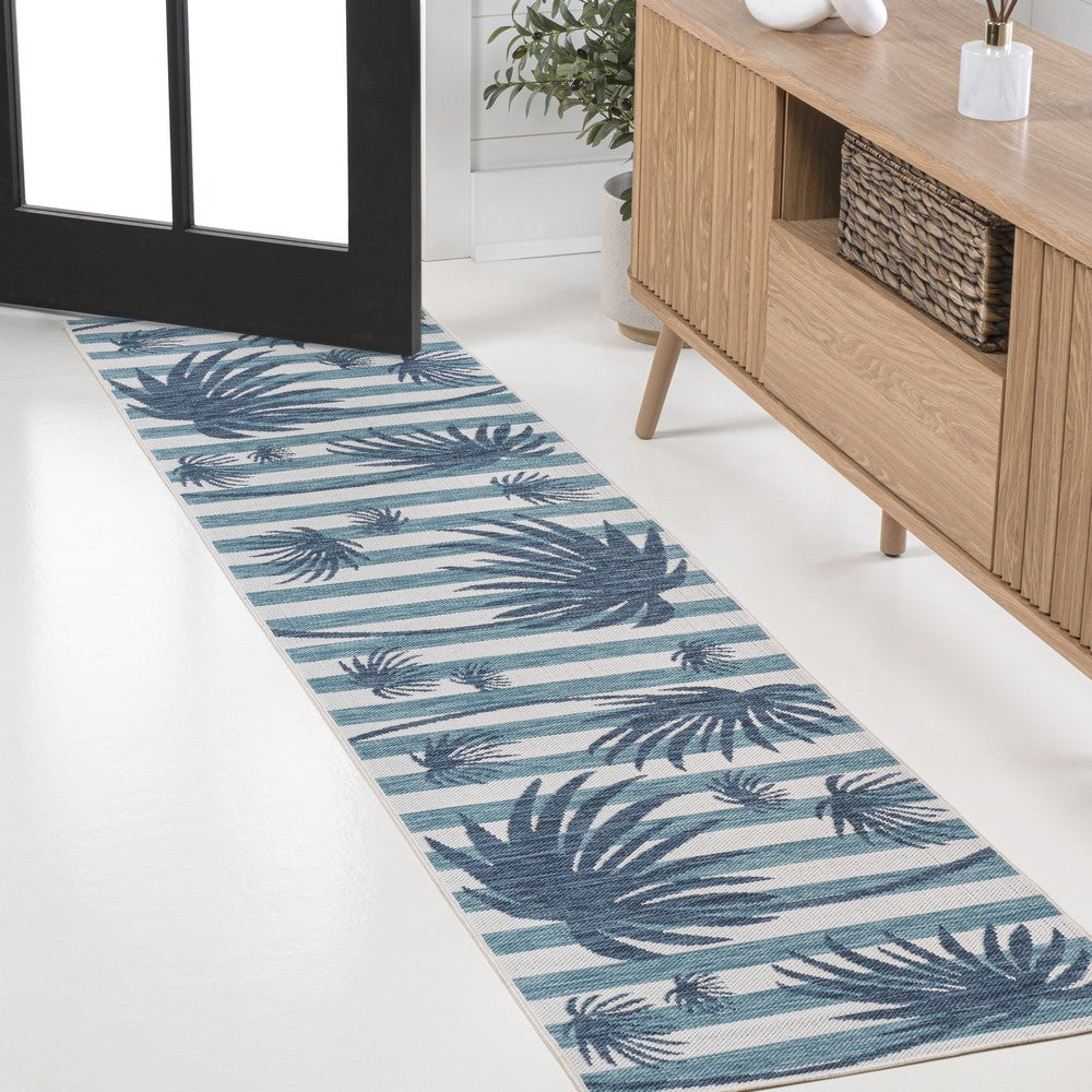 River Classic Beach Stripe And Palm Leaf Indoor/Outdoor Area Rug