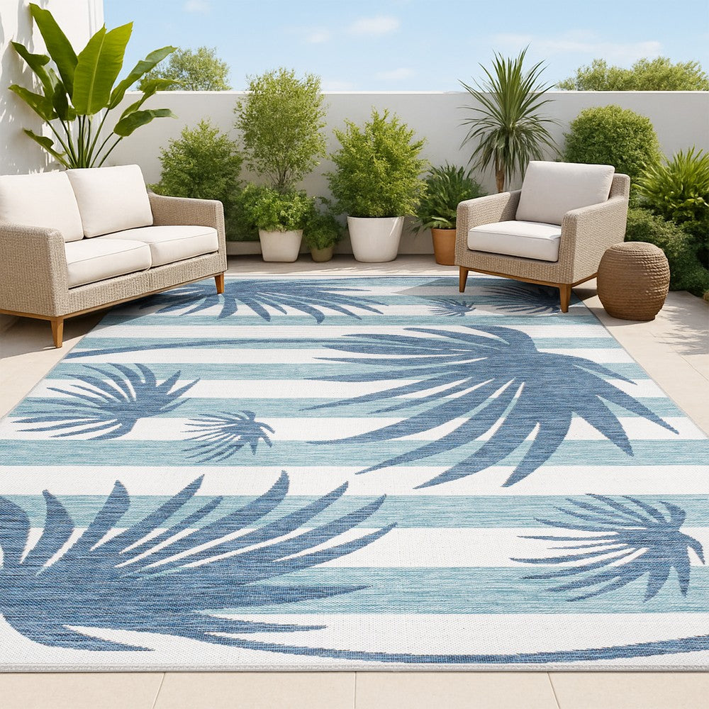 River Classic Beach Stripe And Palm Leaf Indoor/Outdoor Area Rug