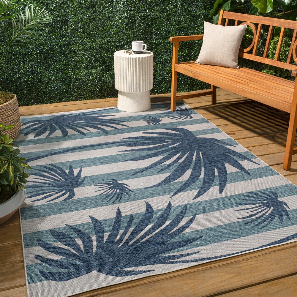 River Classic Beach Stripe And Palm Leaf Indoor/Outdoor Area Rug