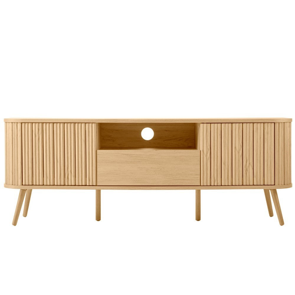 Shale 70 in. Farmhouse Curved TV Stand with Drawer and Storage Doors Fits TVs up to 75 in. with Cable Management