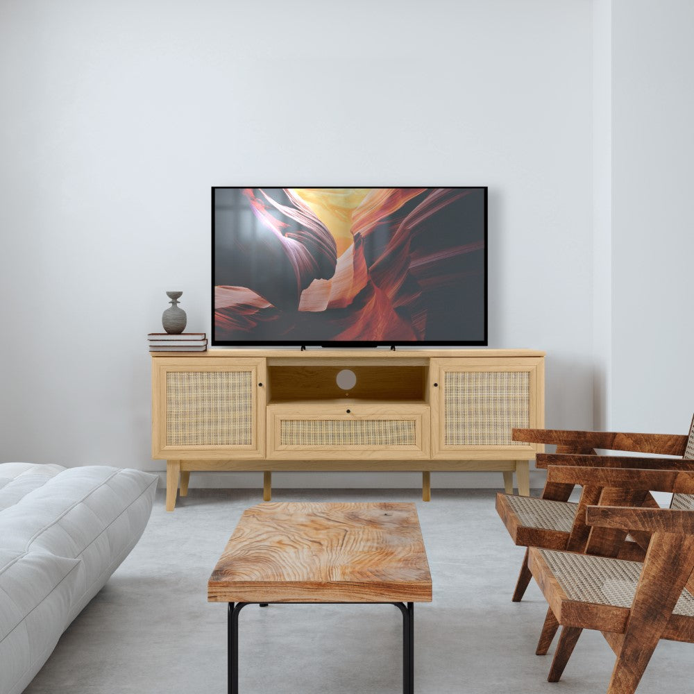 Bronte 59 in. Farmhouse Caned TV Stand with Drawer and Storage Doors Fits TVs up to 65 in. with Cable Management