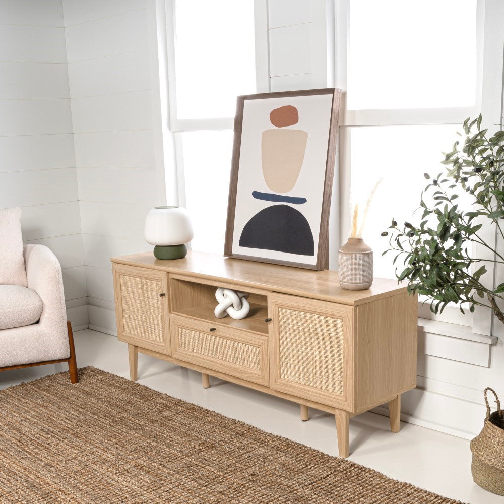 Bronte 59 in. Farmhouse Caned TV Stand with Drawer and Storage Doors Fits TVs up to 65 in. with Cable Management