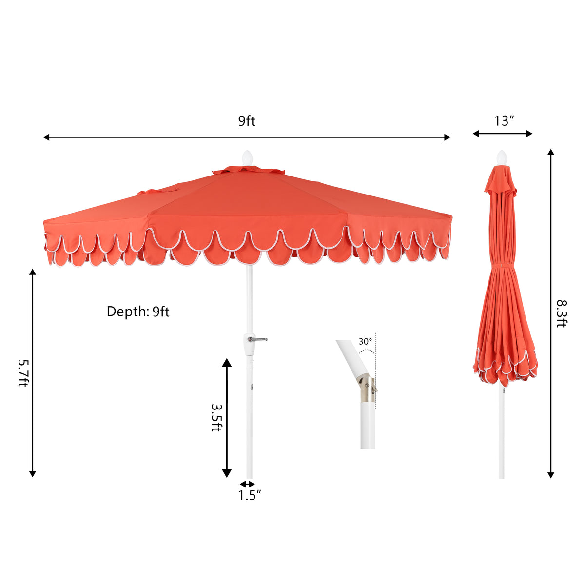 Hooli 9 ft. Classic MidCentury Scalloped Fringe Market Patio Umbrella