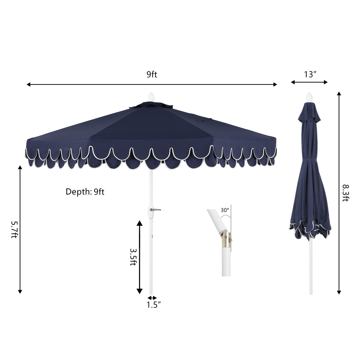 Hooli 9 ft. Classic MidCentury Scalloped Fringe Market Patio Umbrella