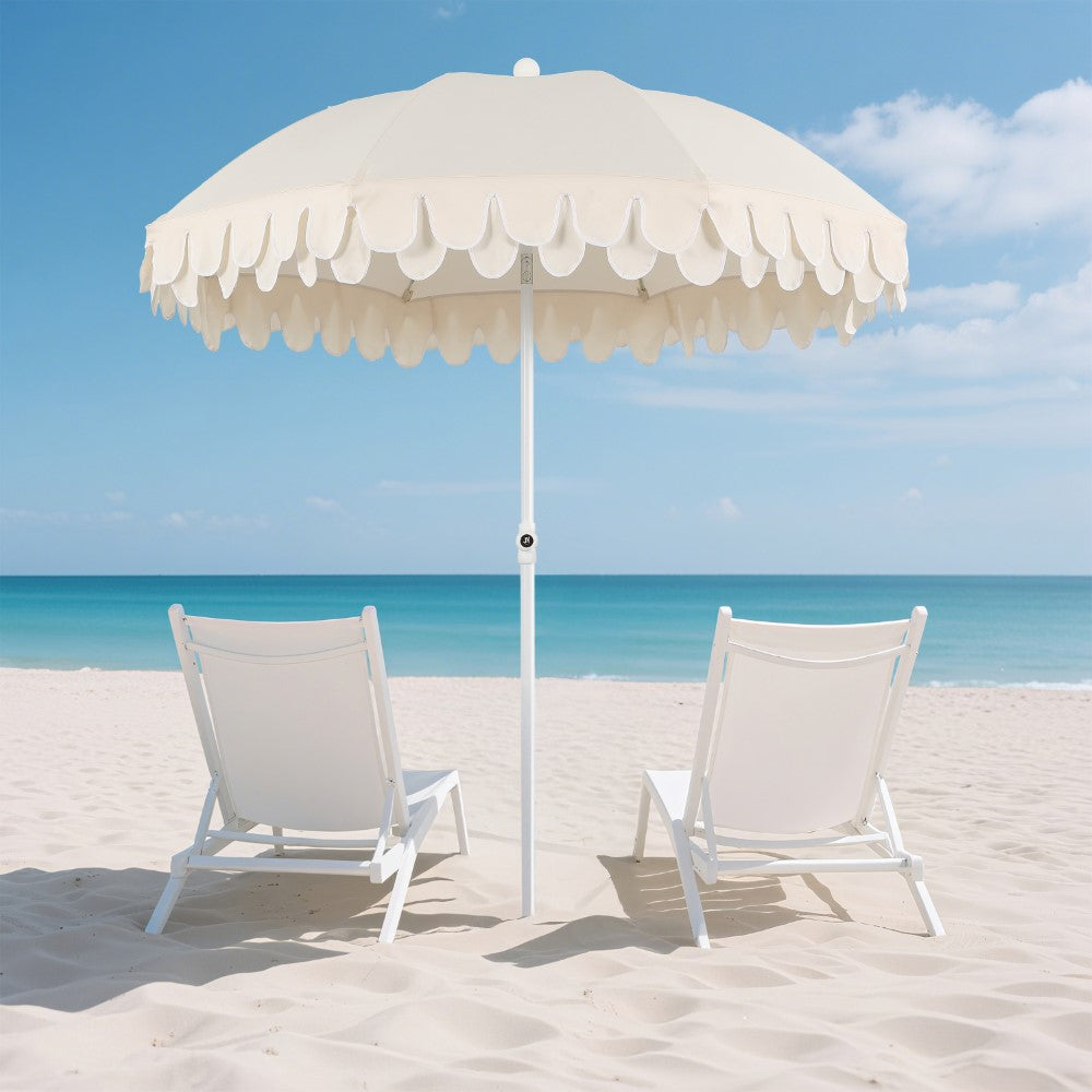 Terra 6.5 ft. Classic MidCentury Scalloped Fringe Market Beach Umbrella