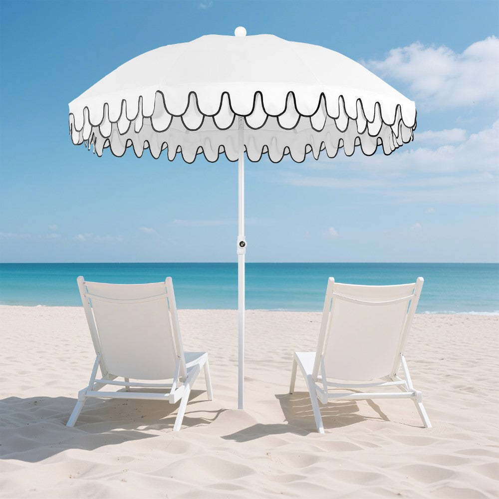 Terra 6.5 ft. Classic MidCentury Scalloped Fringe Market Beach Umbrella