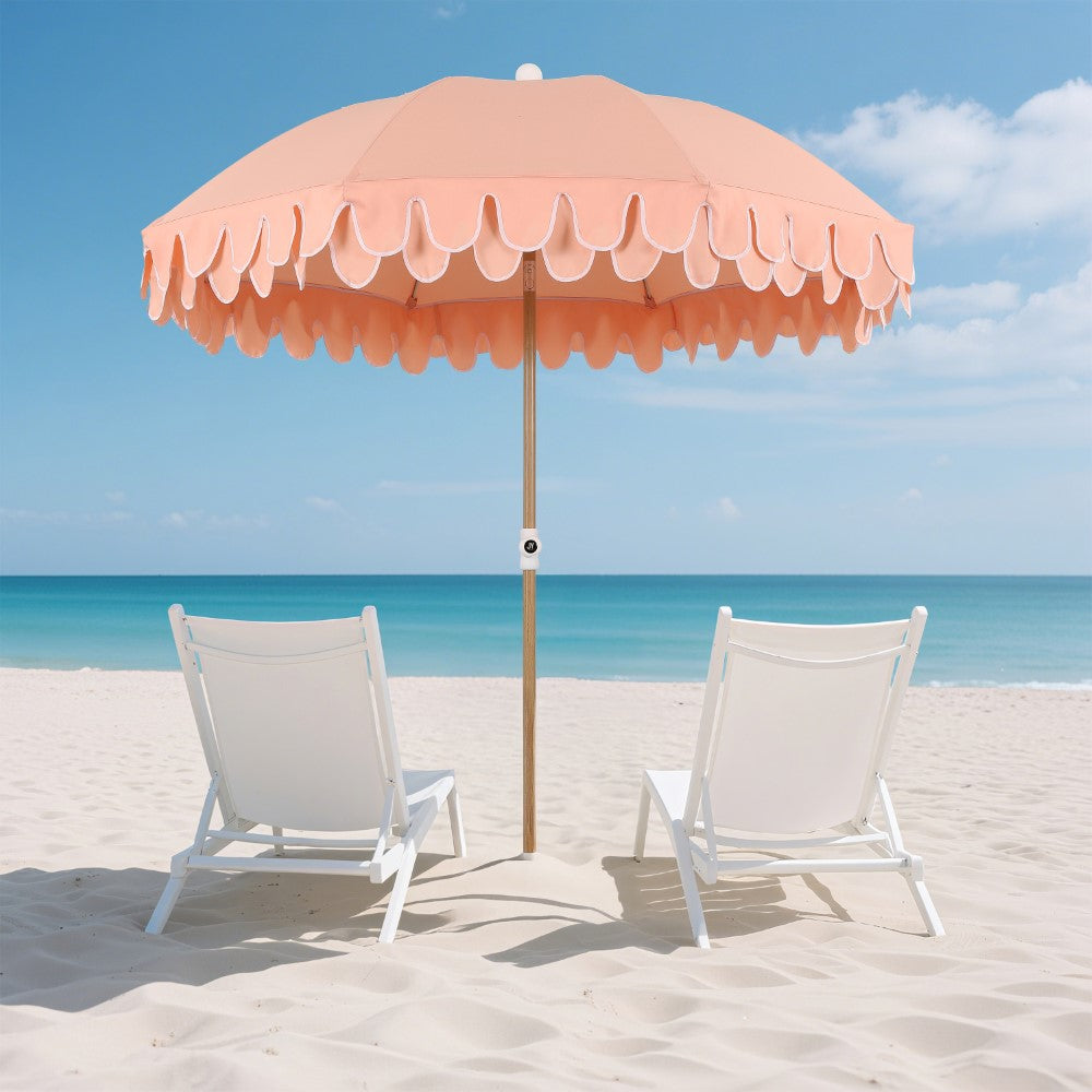 Terra 6.5 ft. Classic MidCentury Scalloped Fringe Market Beach Umbrella
