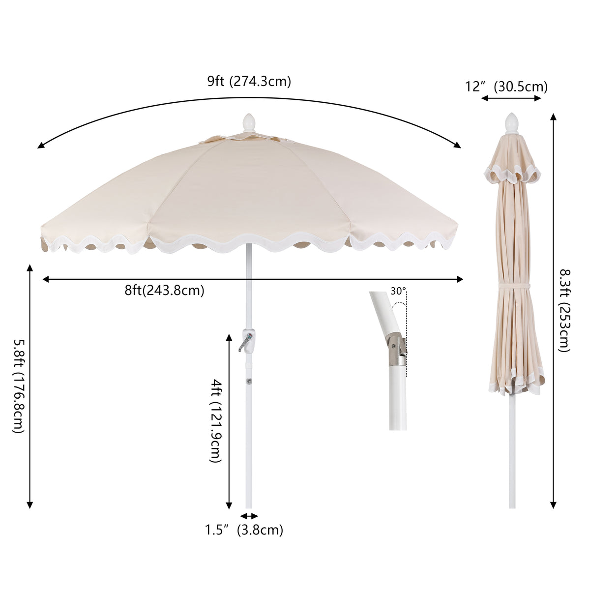 Aspen 8 ft. Classic Bohemian Scalloped Market Patio Umbrella with Auto-Tilt Crank Wind Vent and UV Protection