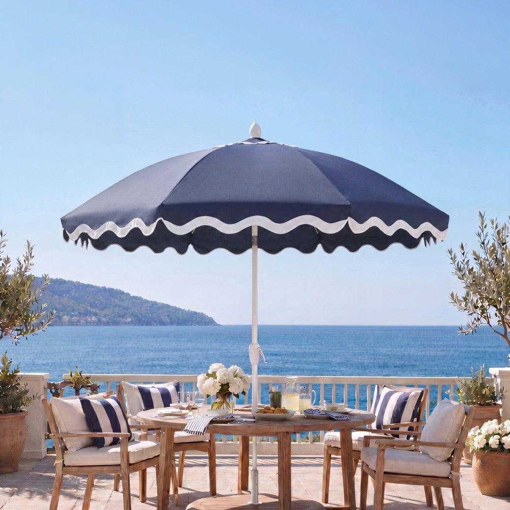 Aspen 8 ft. Classic Bohemian Scalloped Market Patio Umbrella with Auto-Tilt Crank Wind Vent and UV Protection