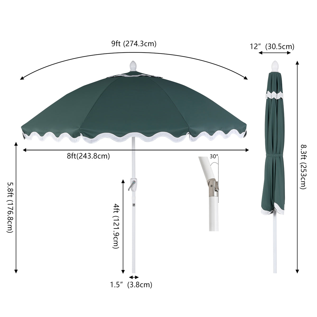 Aspen 8 ft. Classic Bohemian Scalloped Market Patio Umbrella with Auto-Tilt Crank Wind Vent and UV Protection