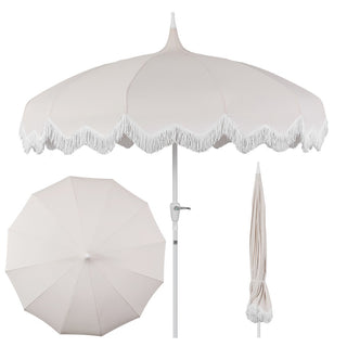 Recliner 8 ft. Classic Bohemian Fringe Pagoda Market Patio Umbrella with Auto-Tilt Crank Wind Vent and UV Protection